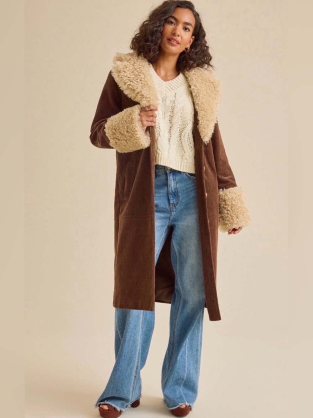 Altar'd State Brown Corduroy Trench Coat with Cream Sherpa Trim